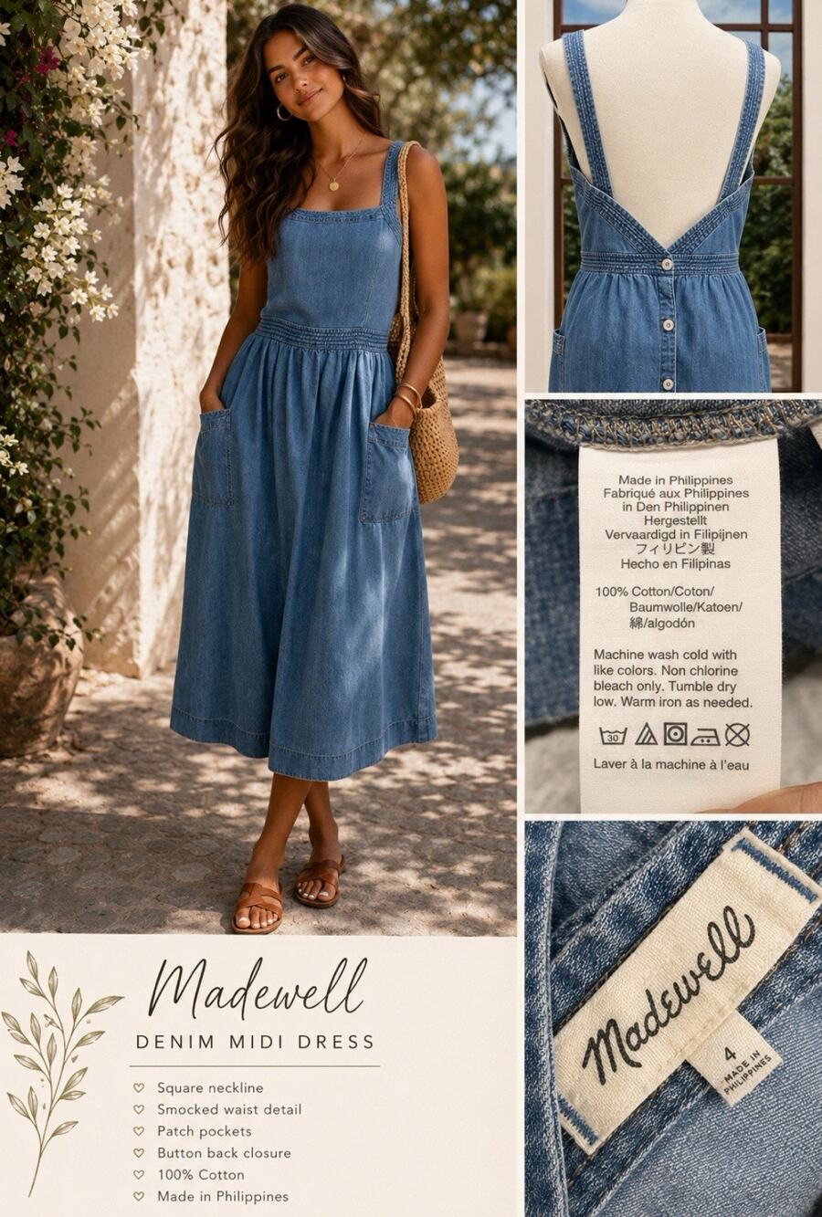 Cottagecore Madewell Women's Chambray Denim Midi Dress Size 4 Medium Wash
